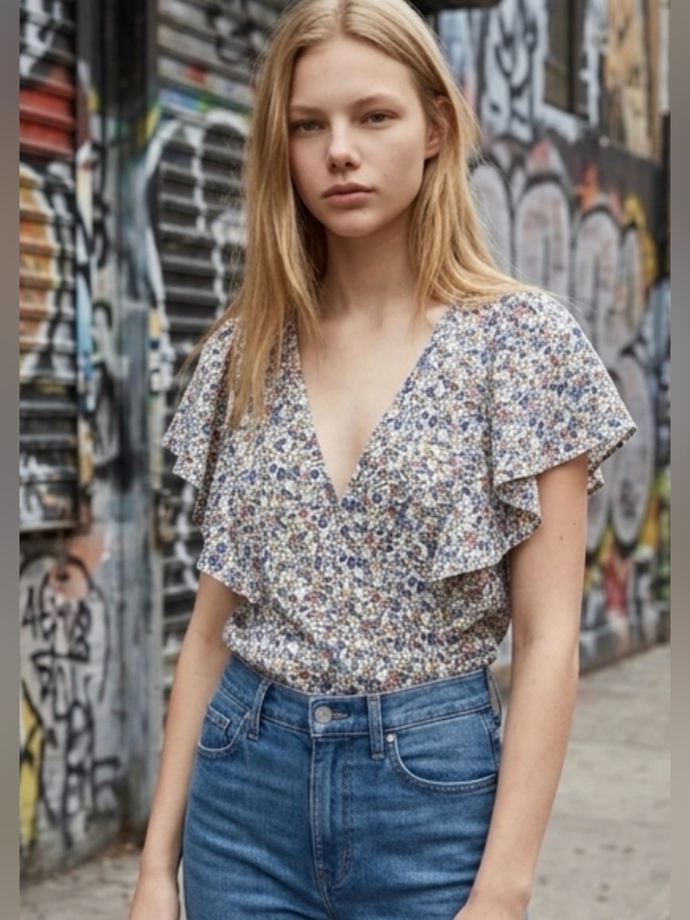 MADEWELL CARMELINA FLUTTER SLEEVE FLORAL TOP     NWT